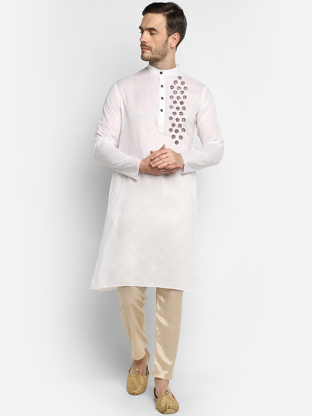 DEVOILER Men White Ethnic Motifs Yoke Design Kurta with Pyjamas
