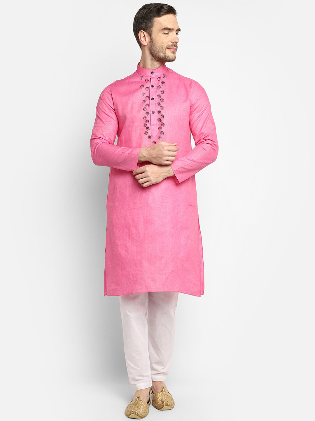 DEVOILER Men Pink & White Ethnic Motifs Yoke Design Kurta with Pyjamas