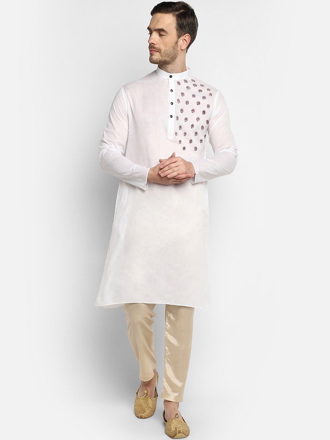 DEVOILER Men White Floral Embroidered Angrakha Kurta with Dhoti Pants