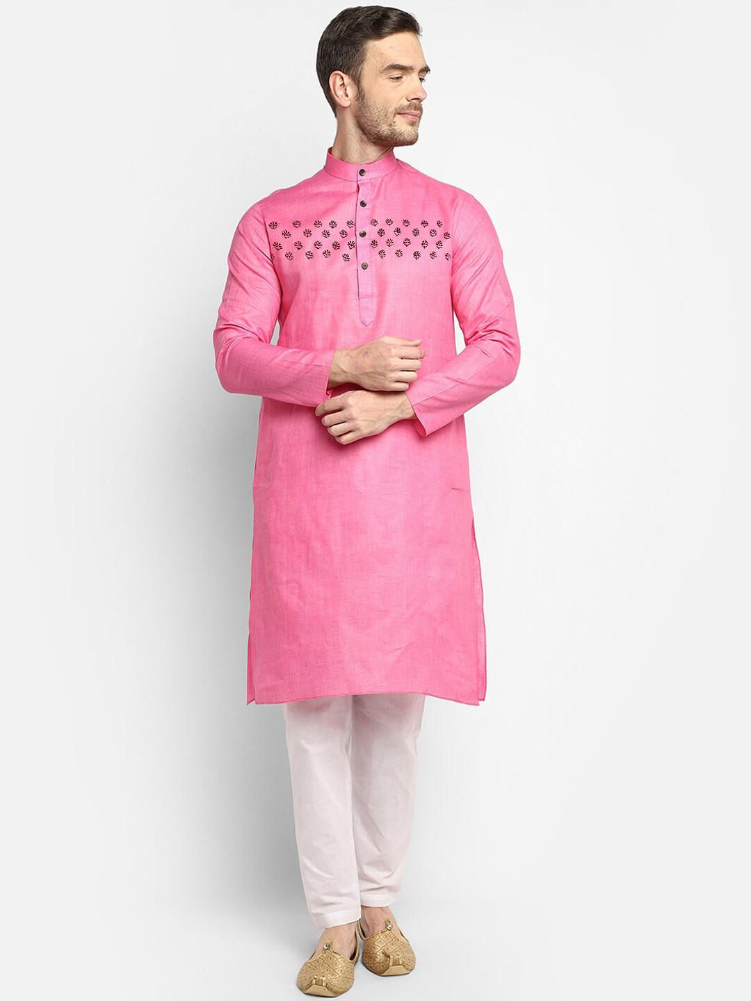 DEVOILER Men Pink & White Ethnic Motifs Yoke Design Kurta with Pyjamas