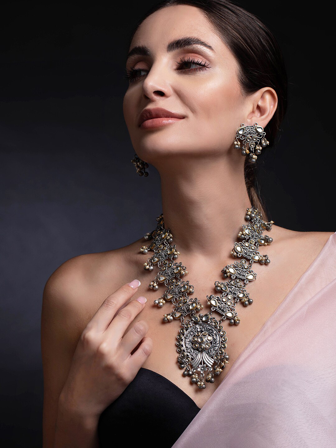 Rubans Women Silver-Plated Necklace Set With Elegant Design And Silver Beads Jewellery Set