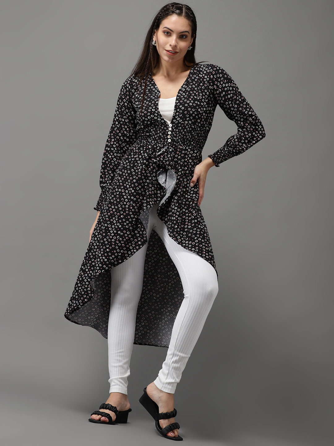 SHOWOFF Black & Off White Geometric Print Crepe High-Low Longline Top