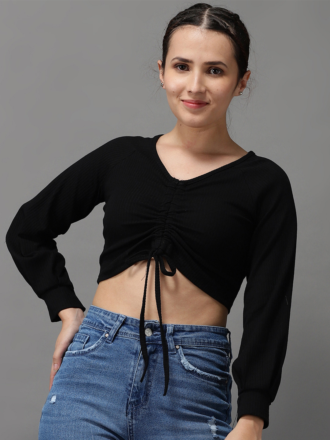 SHOWOFF Black V-Neck Crop Top
