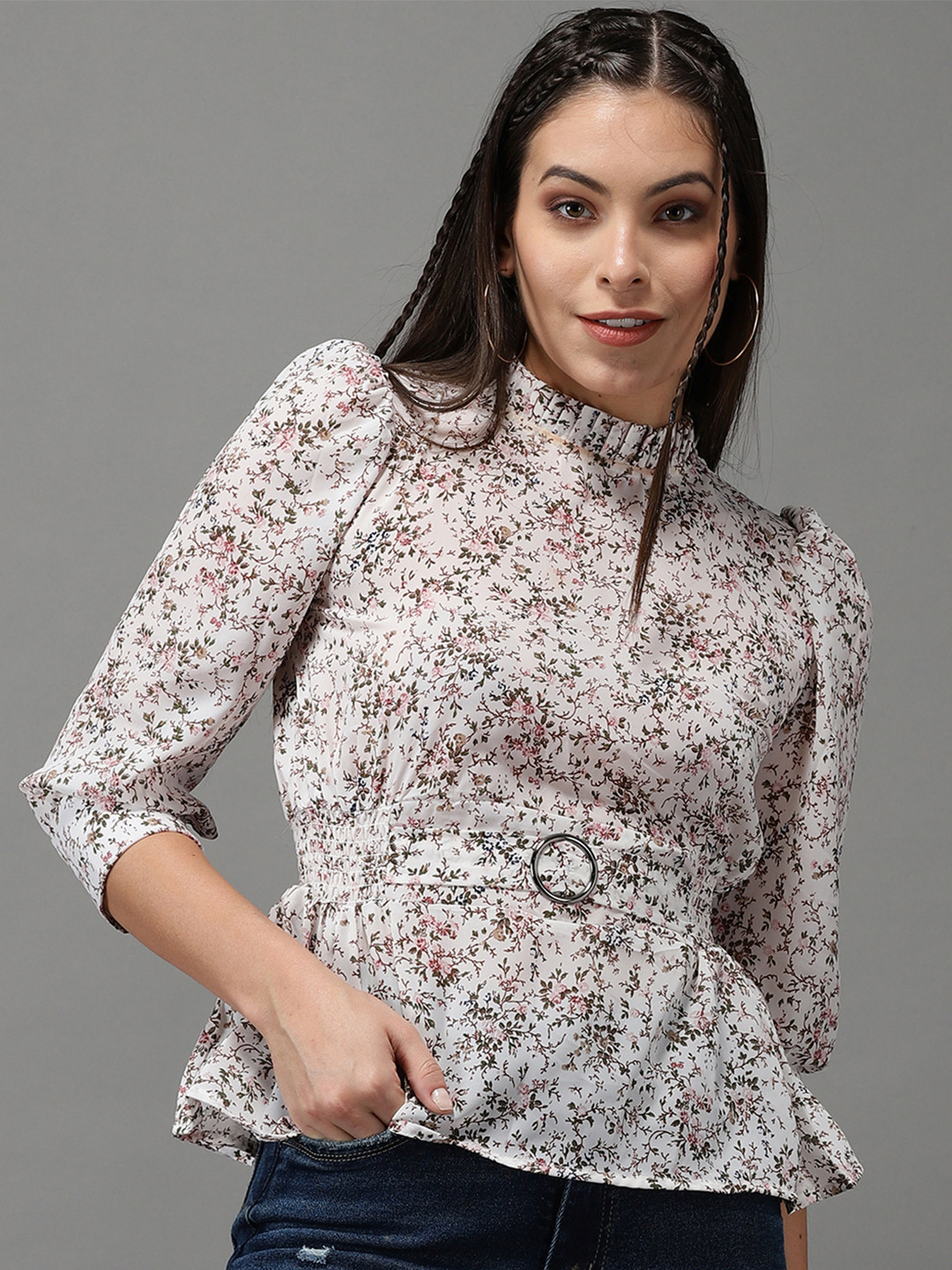 SHOWOFF Off White & Olive Green Floral Print Georgette Cinched Waist Top