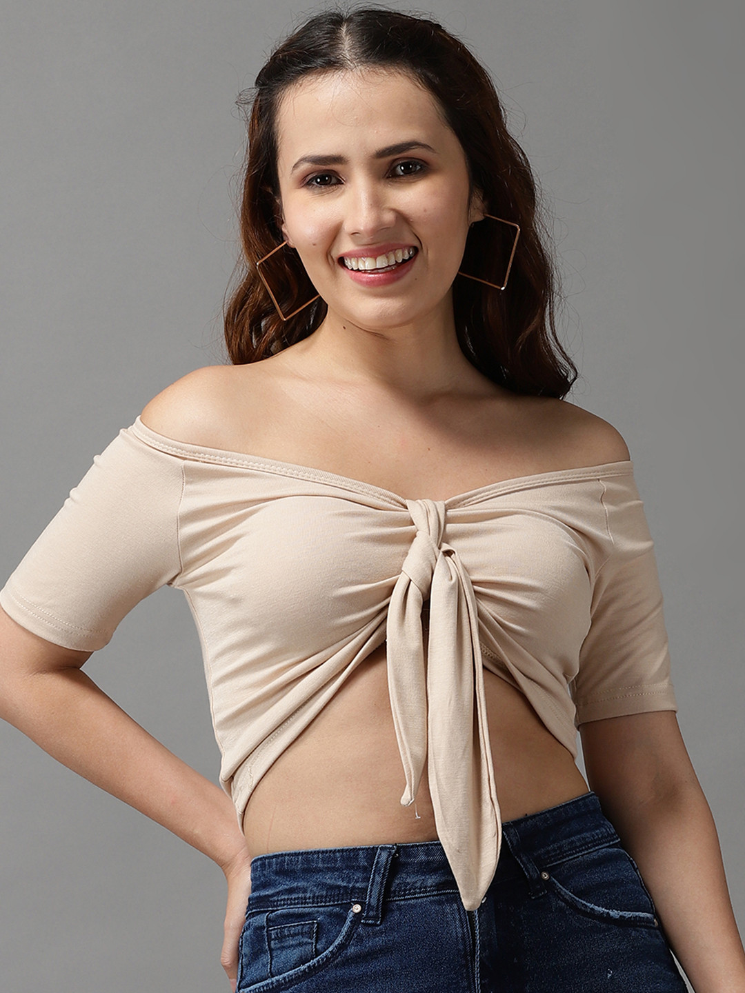 SHOWOFF Beige Off-Shoulder Bardot Crop Top