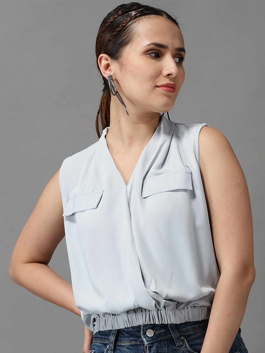 SHOWOFF Grey Crepe Shirt Style Top