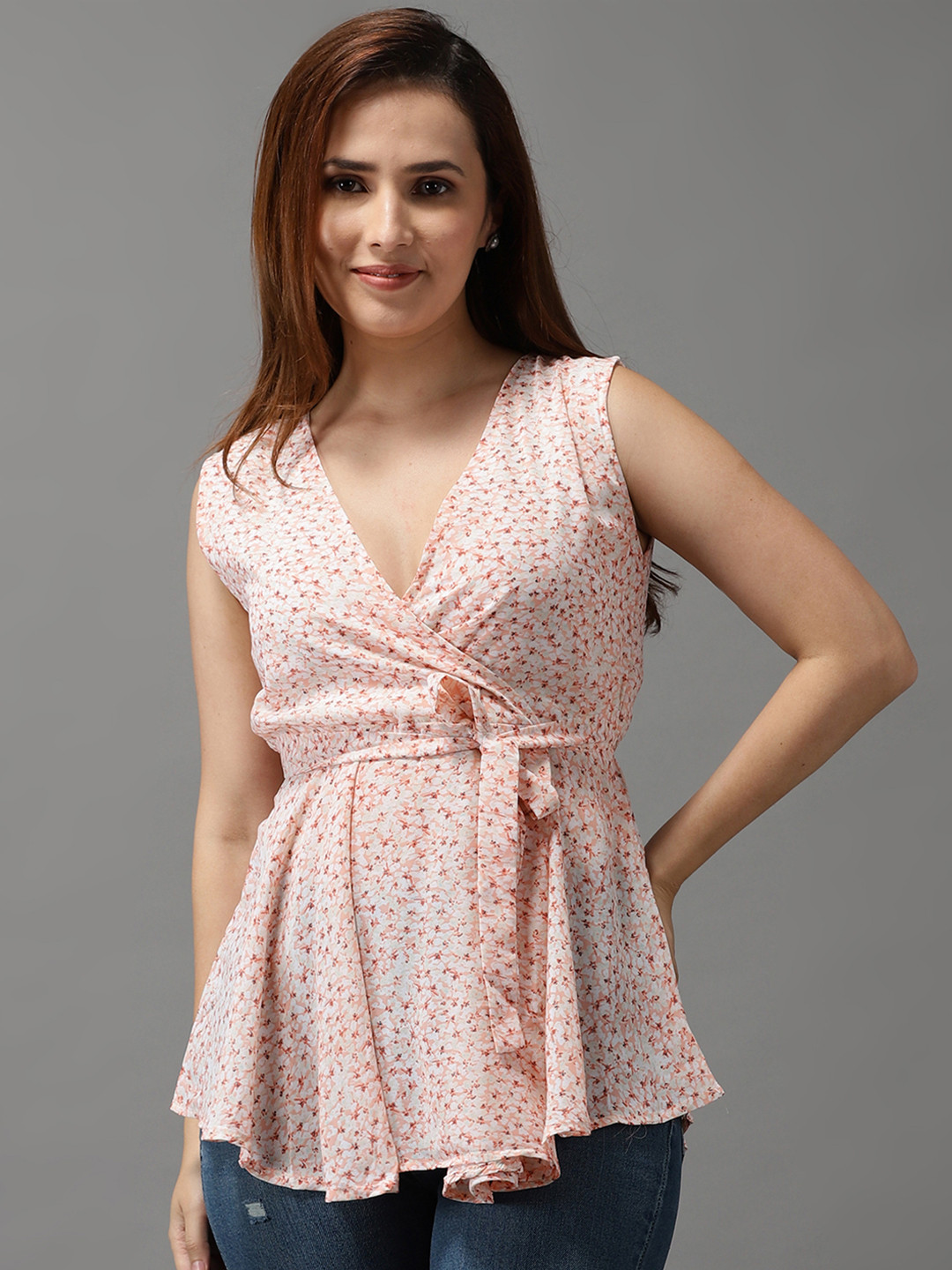 SHOWOFFFF Peach-Coloured Floral Print Georgette Wrap Top