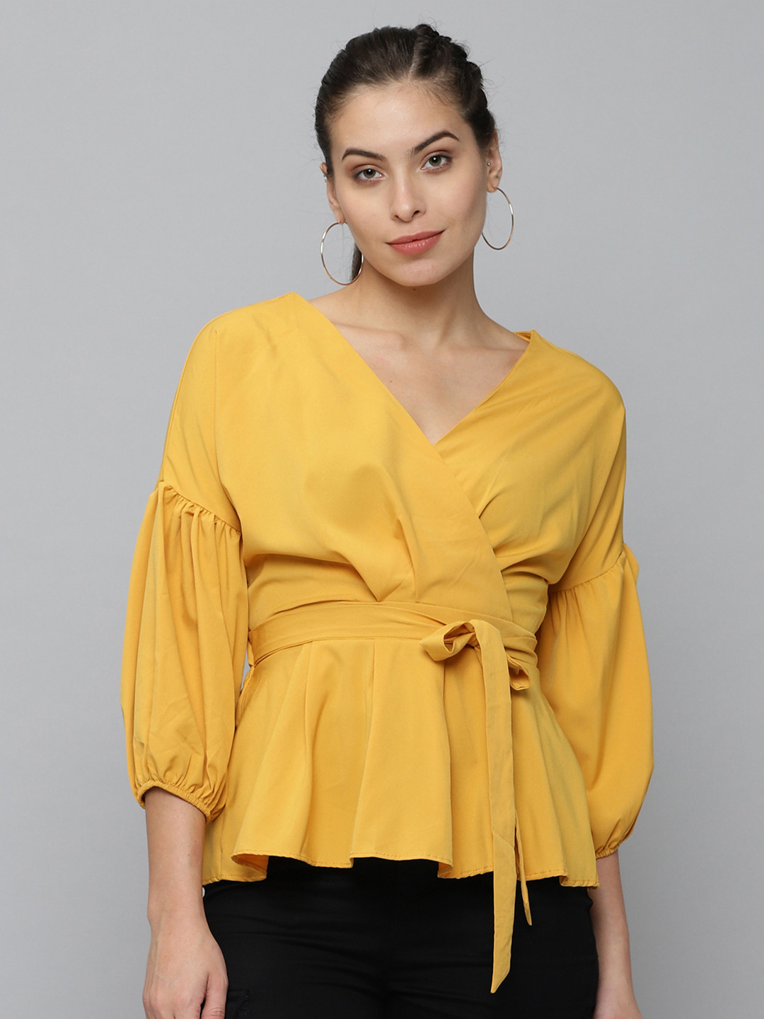 SHOWOFF Mustard Yellow Wrap Top