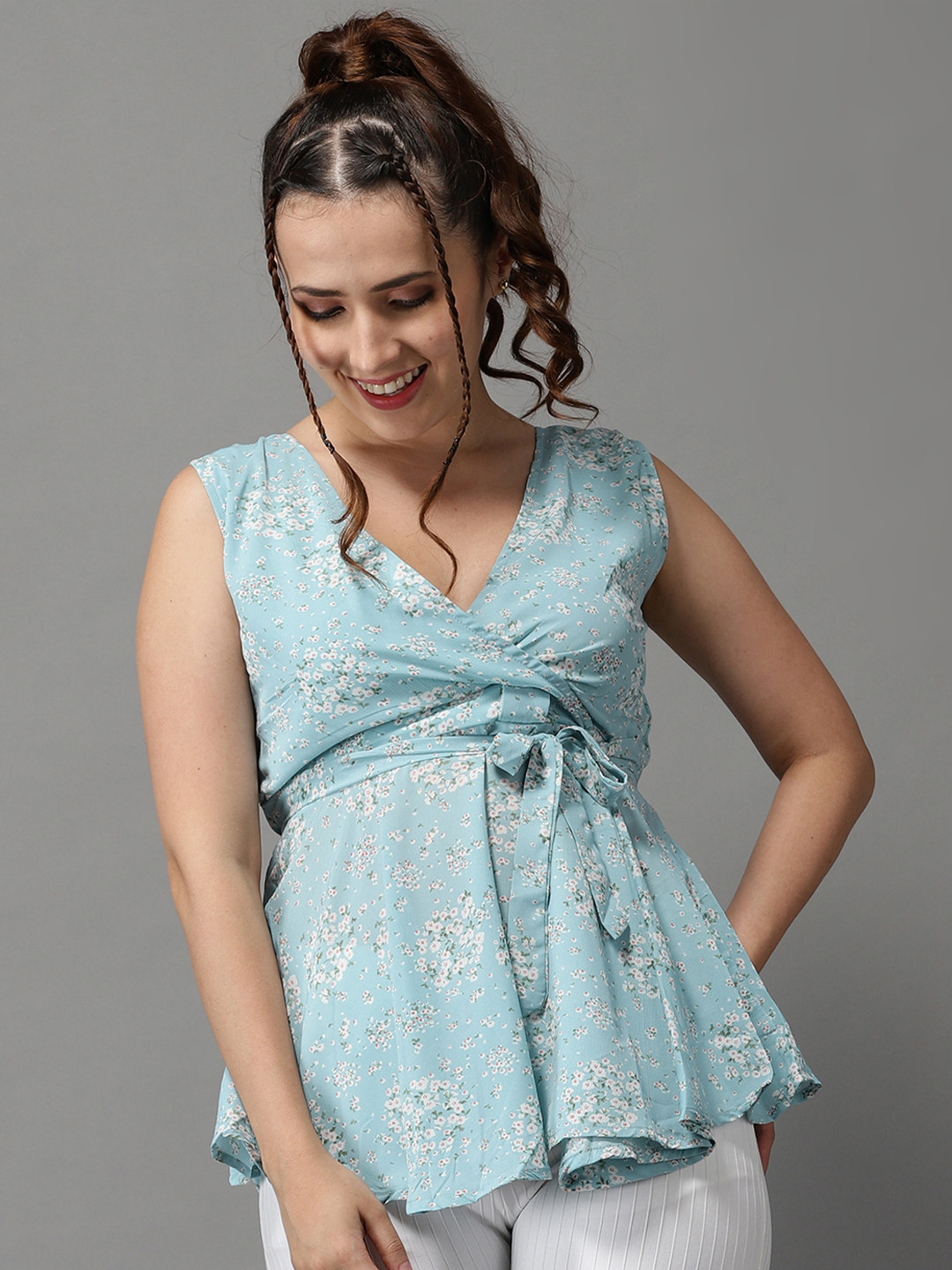 SHOWOFF Women V-Neck Blue Floral Print Georgette Empire Top