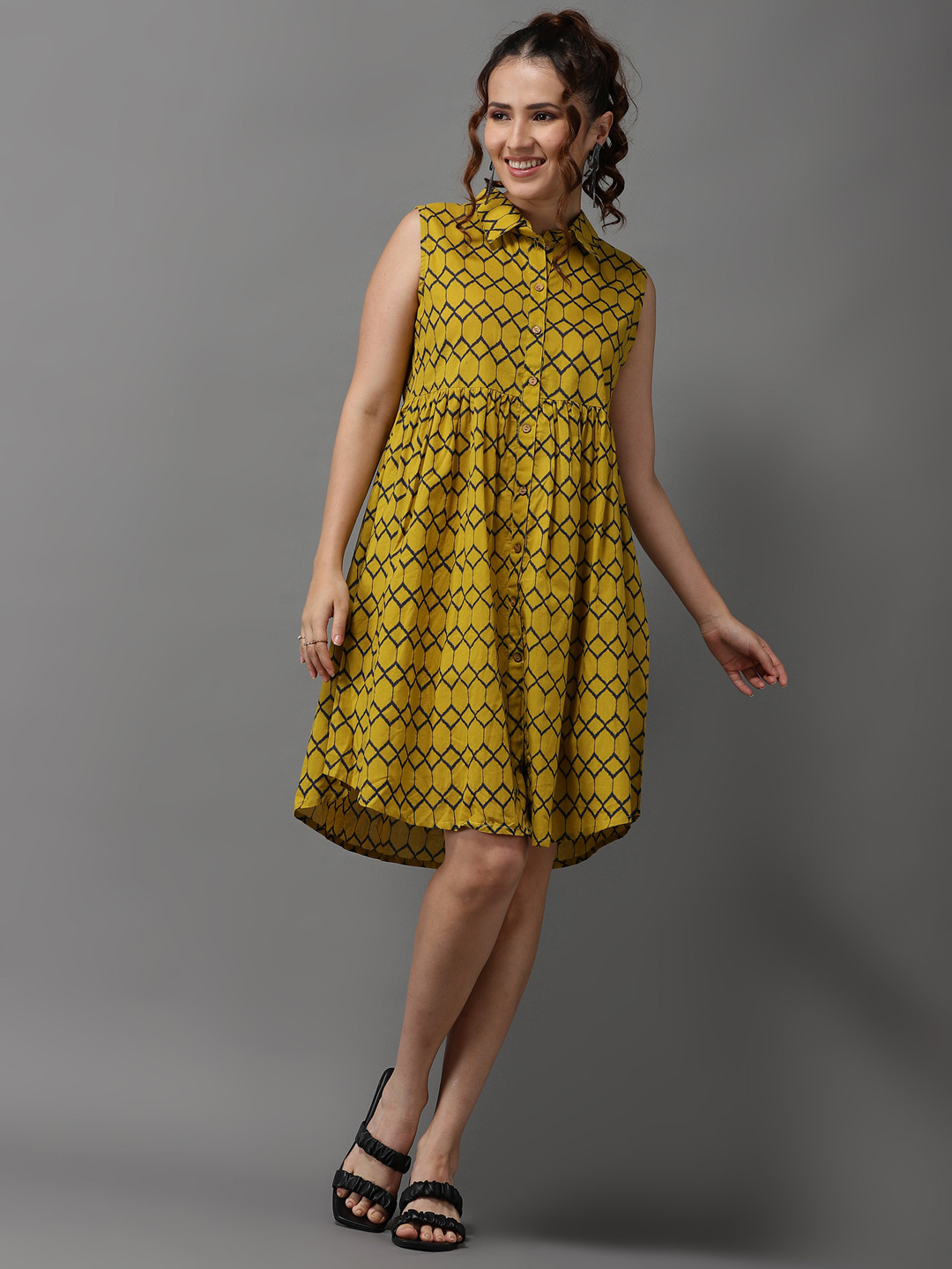 SHOWOFF Yellow & Black Printed Shirt Dress
