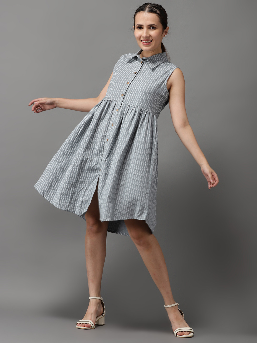 SHOWOFFFF Women Grey Printed Cotton Shirt Dress