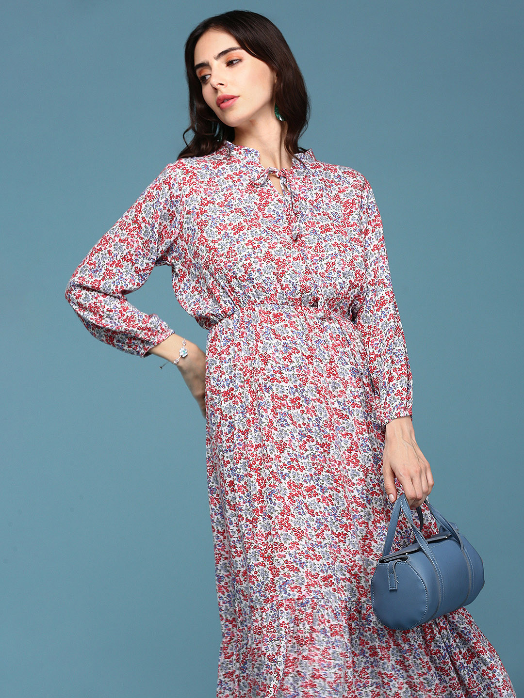 SHOWOFF Women White & Red Floral Tie-Up Neck Midi Dress