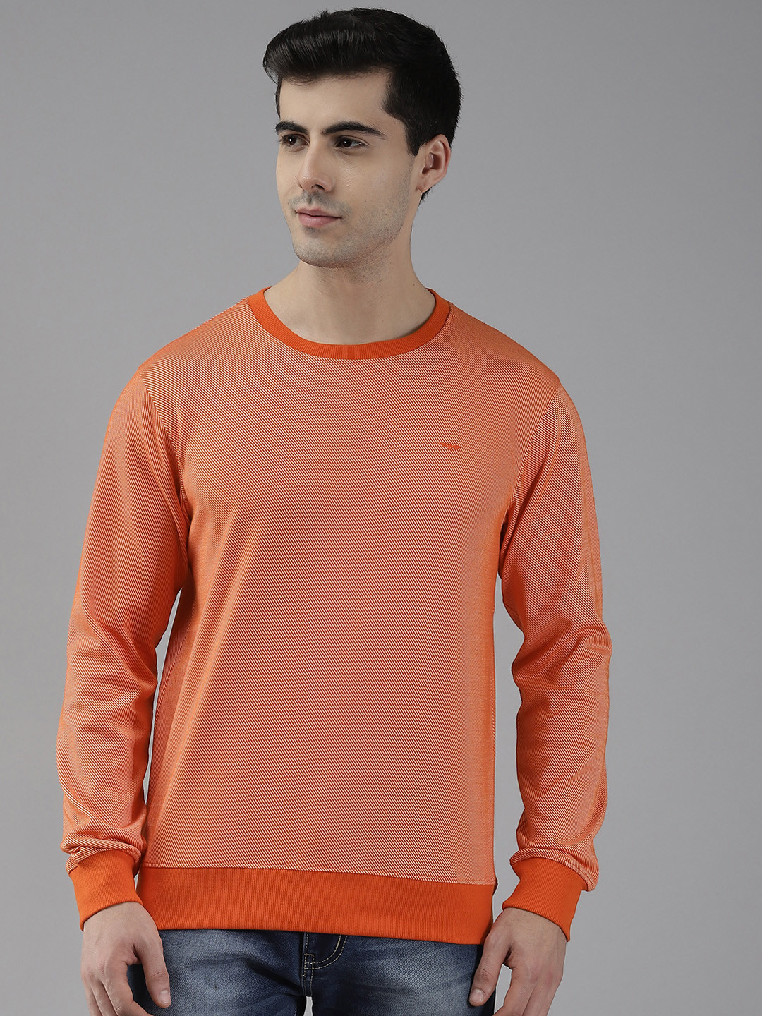 Park Avenue Men Orange & White Striped Sweatshirt