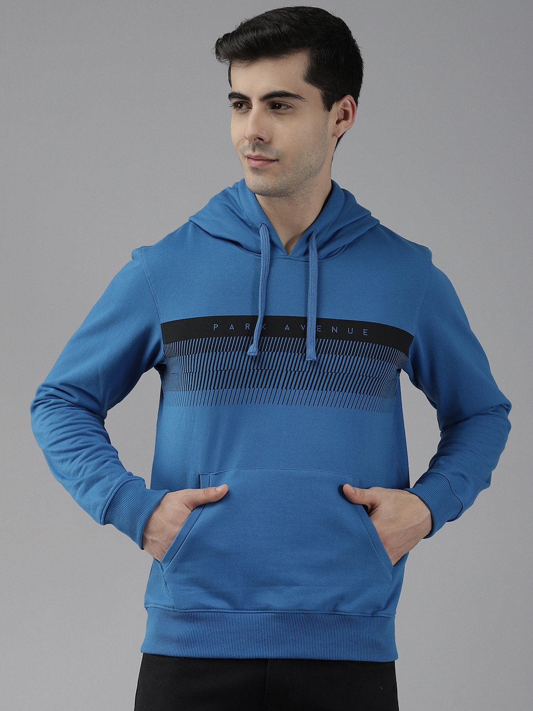 Park Avenue Men Navy Blue & Black Striped Hooded Sweatshirt