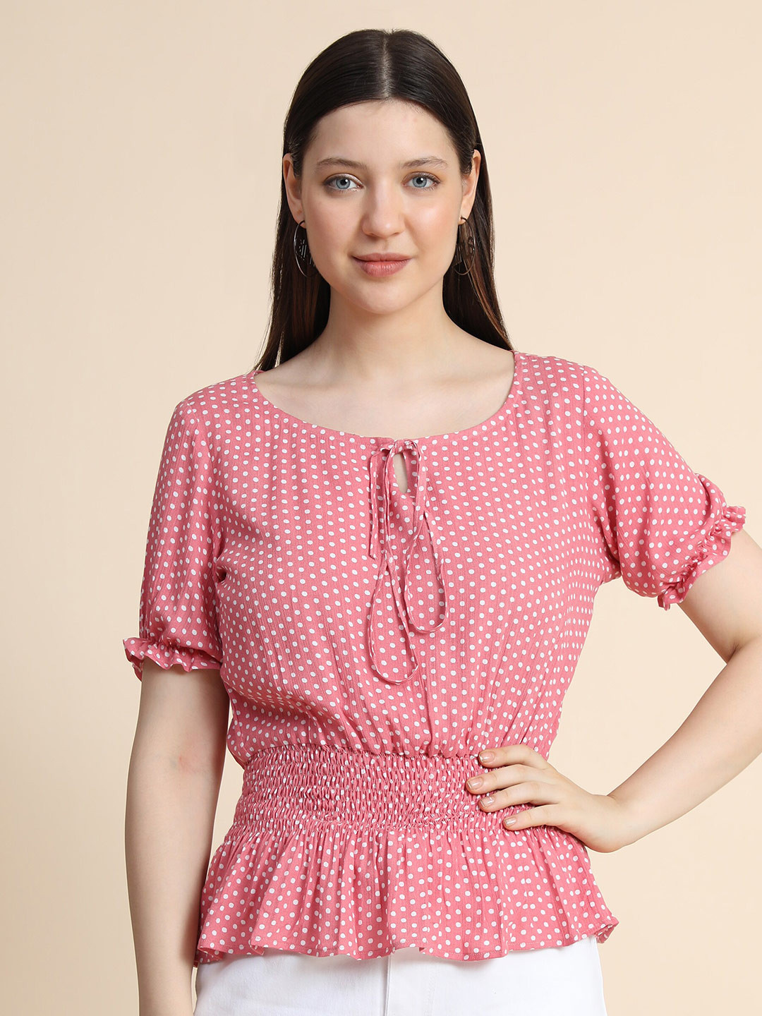 KERI PERRY Women Baby Pink Polka Dots Printed Cinched Waist Top