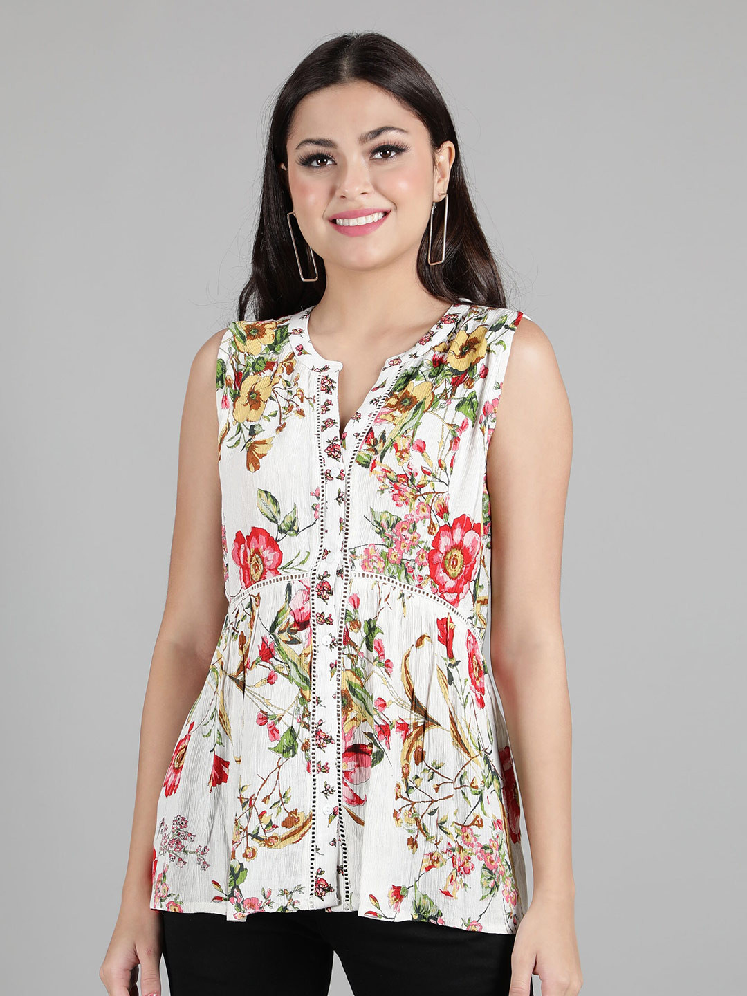 DEBONATELLA White & Peach-Coloured Floral Print Sheen Crepe Longline Top