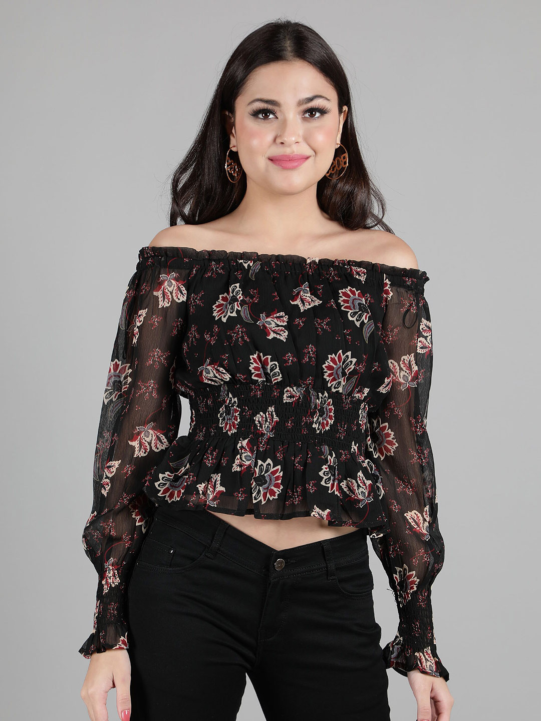 DEBONATELLA Black & Red Floral Print Off-Shoulder Georgette Bardot Crop Top