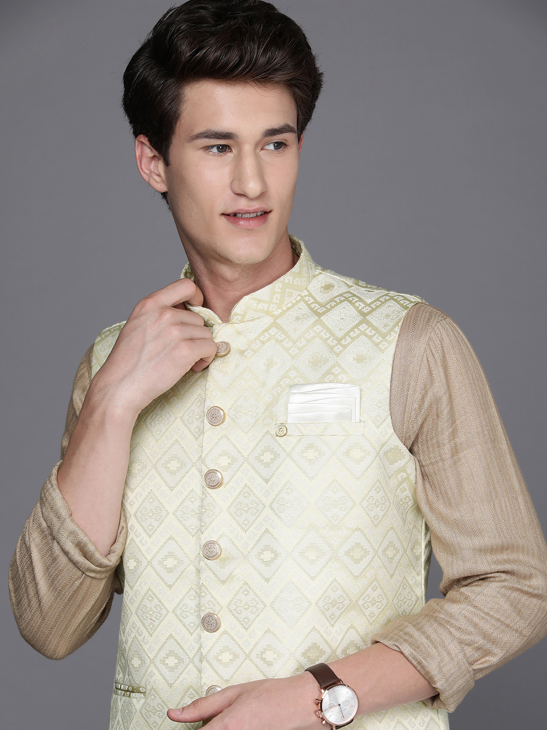 Manyavar Men Yellow Brocade Woven Design Nehru Jacket