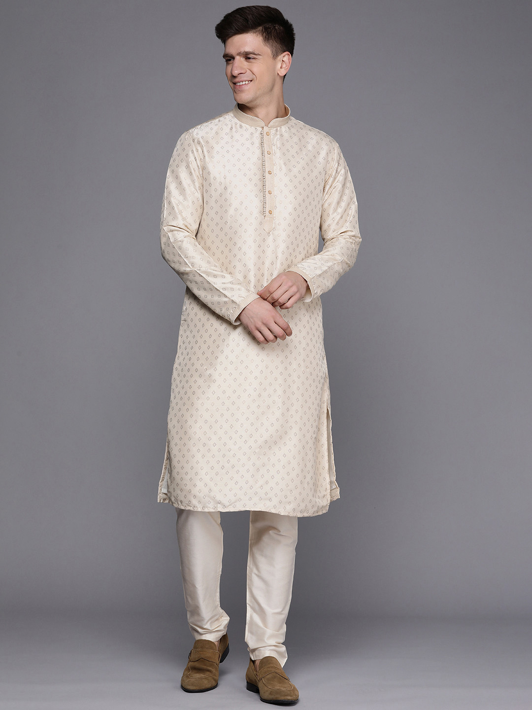 Manyavar Men Beige Art Silk Printed Kurta With Pyjamas