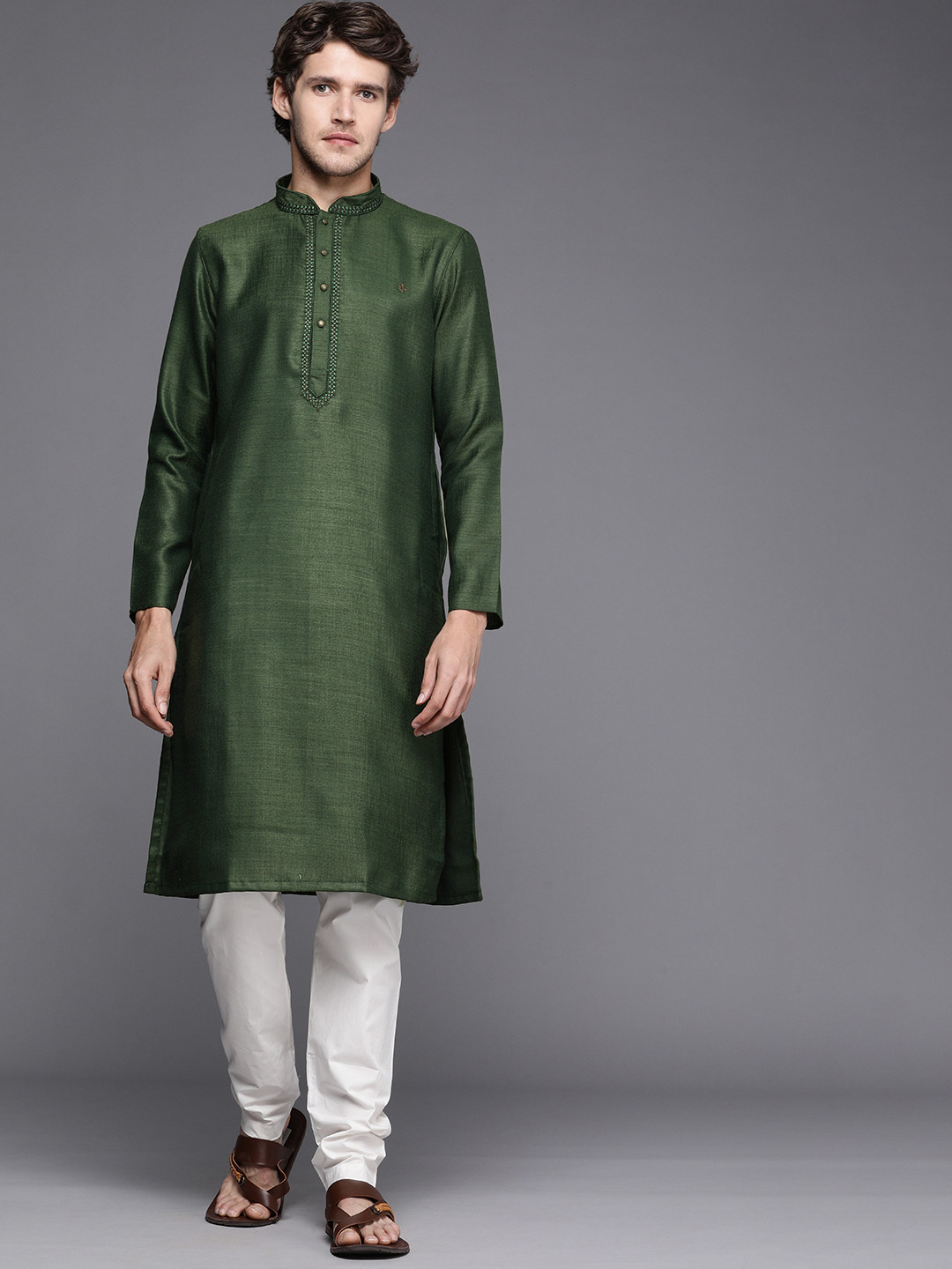Manyavar Men Olive Green Solid Kurta with Churidar