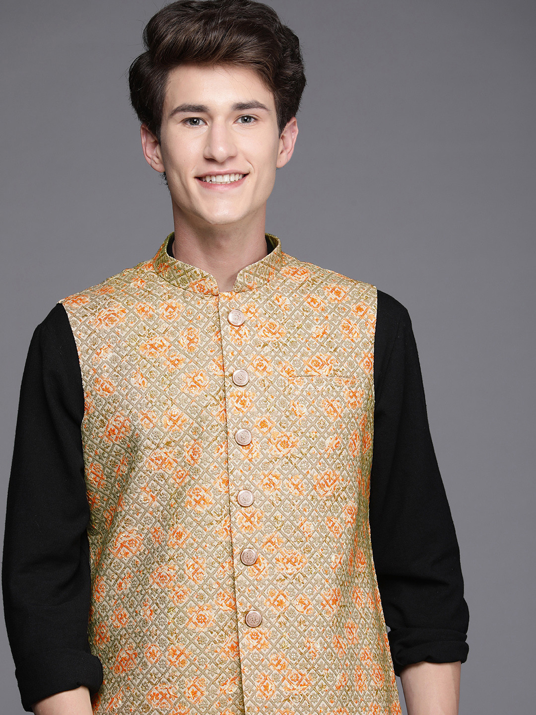 Manyavar Men Beige & Orange Floral Nehru Jacket