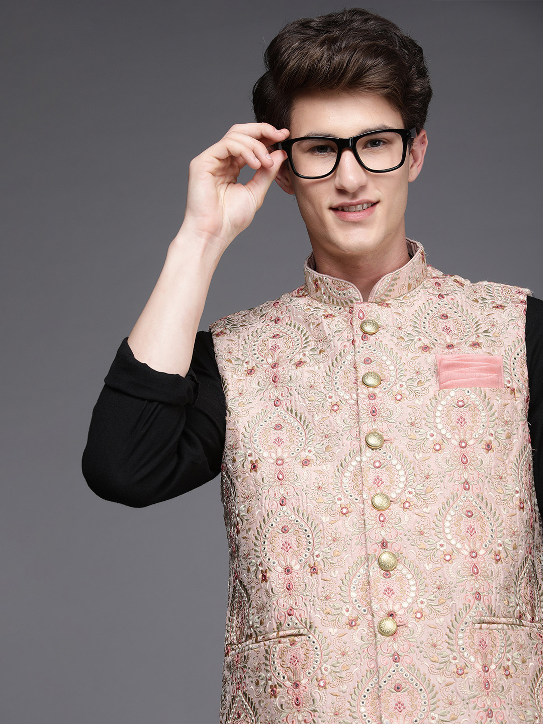 Manyavar Men Pink Woven Nehru Jacket