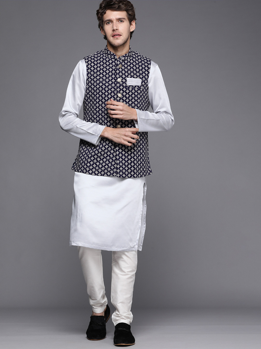 Diwas by Manyavar Men Blue Ethnic Motifs Yoke Design Kurta with Churidar & Jacket