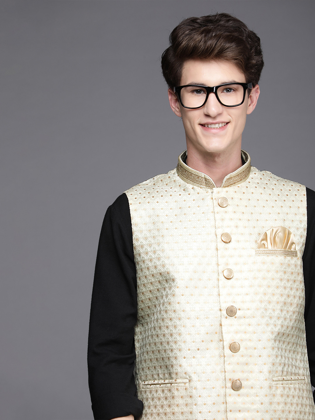 Manyavar Men Beige Woven Design Solid Nehru Jacket