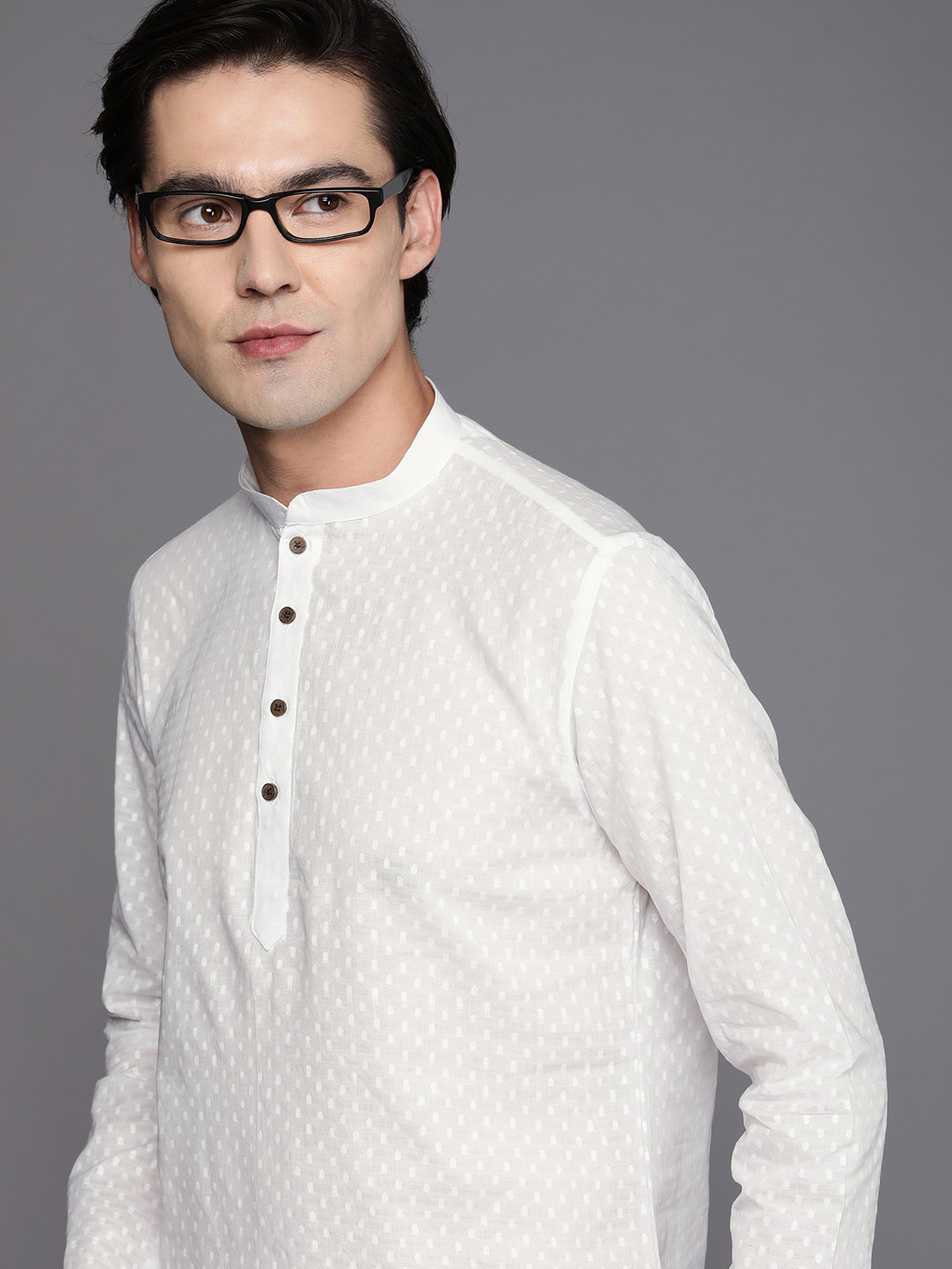 Manyavar Men White Self Design Dobby Weave Short Kurta