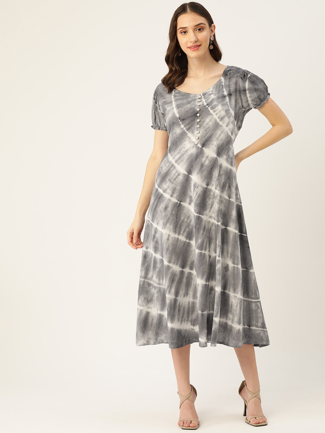 Maaesa Grey & White Tie and Dye A-Line Midi Dress