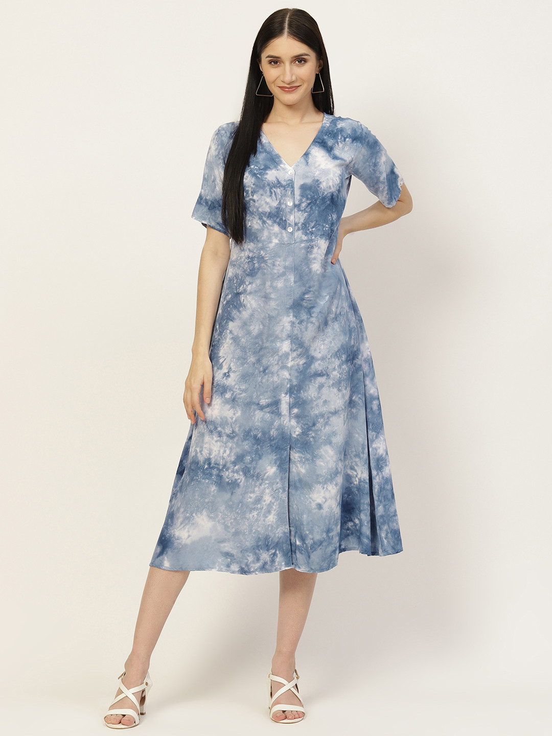 Maaesa Blue & Grey Tie and Dye A-Line Maxi Dress