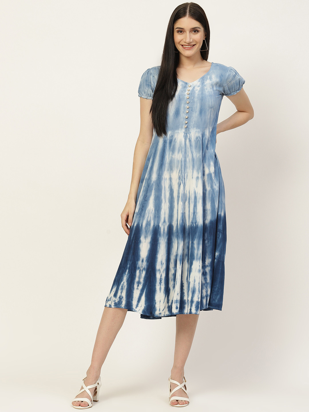 Maaesa Blue & White Tie and Dye A-Line Midi Dress