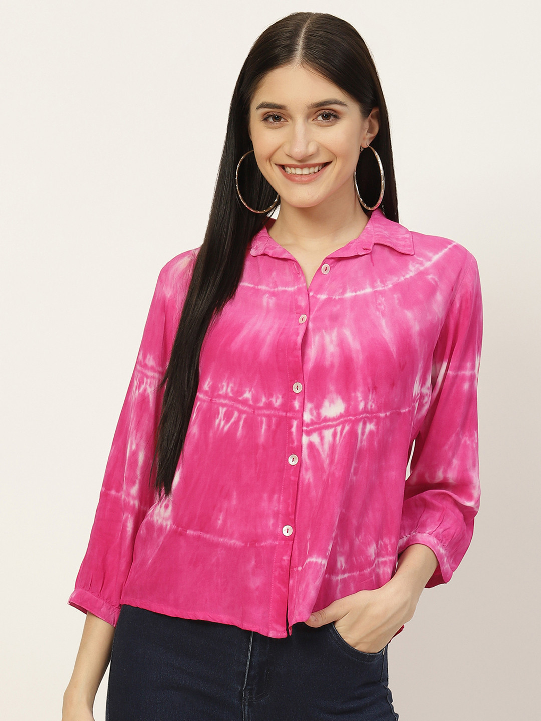 Maaesa Pink & White Tie and Dye Shirt Style Top