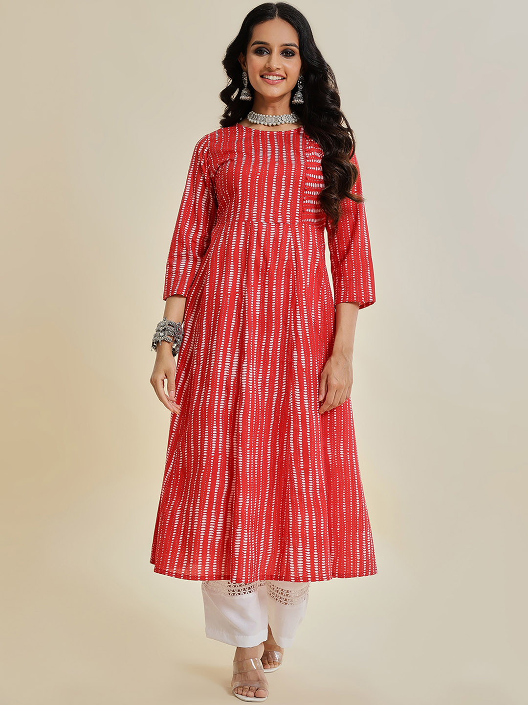 Varanga Women Red & Off White Printed Anarkali Kurta