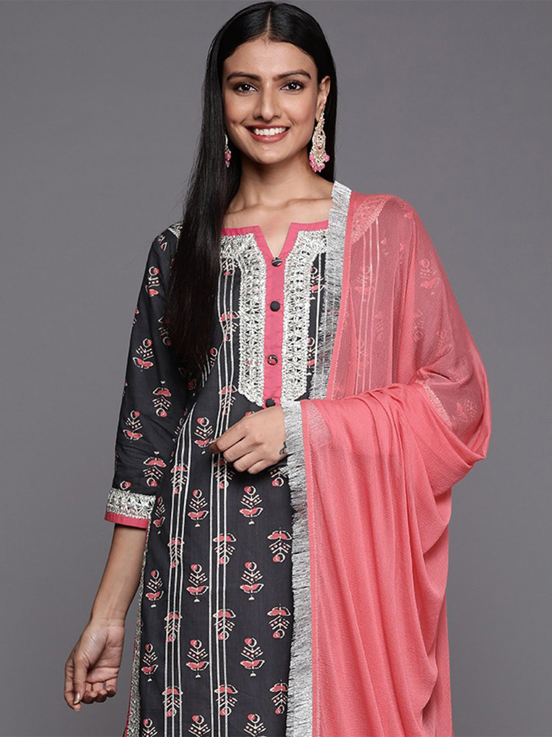 Varanga Women Grey Ethnic Motifs Printed Gotta Patti Kurta with Sharara & With Dupatta