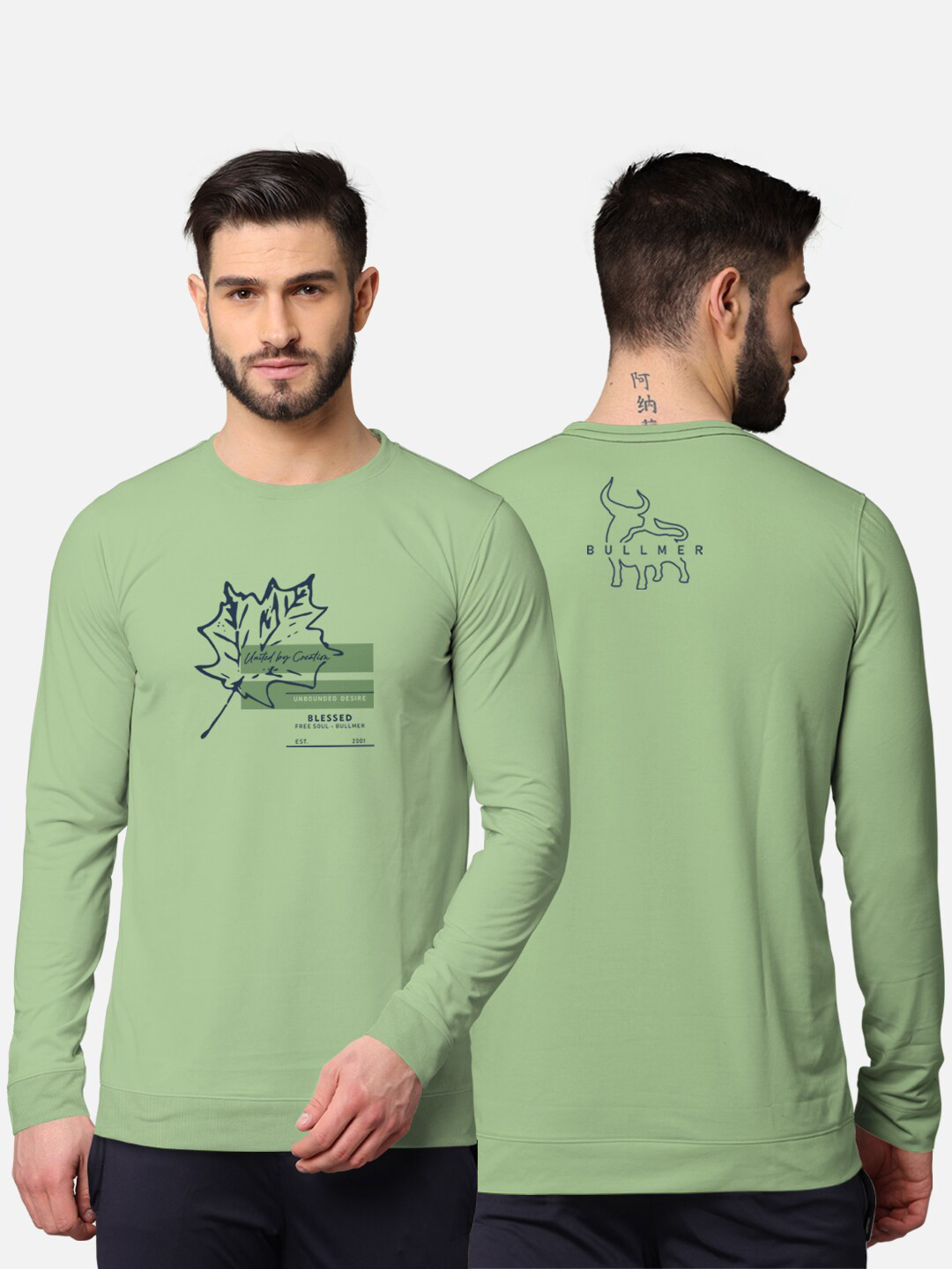 BULLMER Men Green Front & Back Graphic Printed Blended Cotton Full Sleeve T-shirt