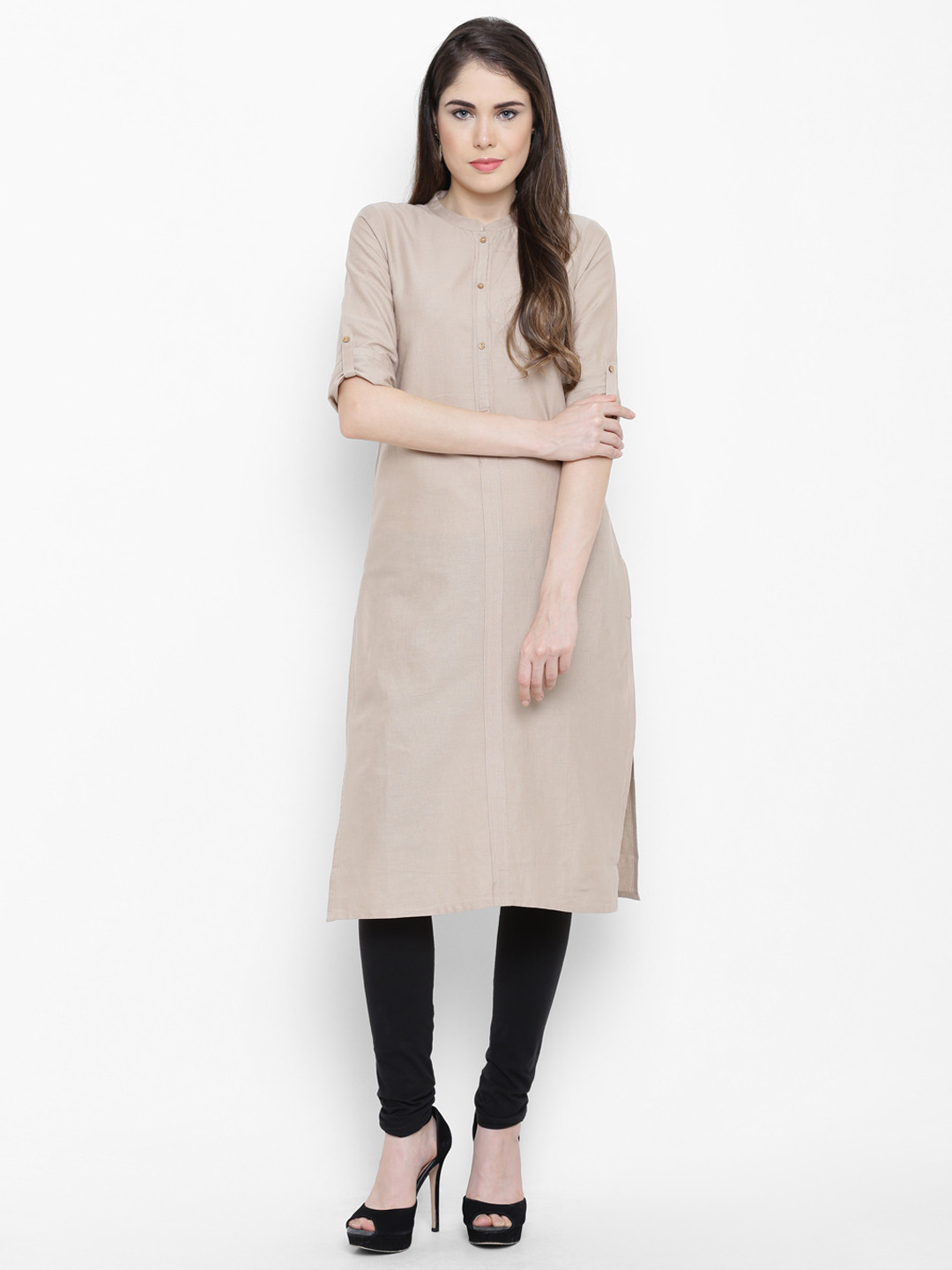 AURELIA Women Beige Solid Straight Kurta