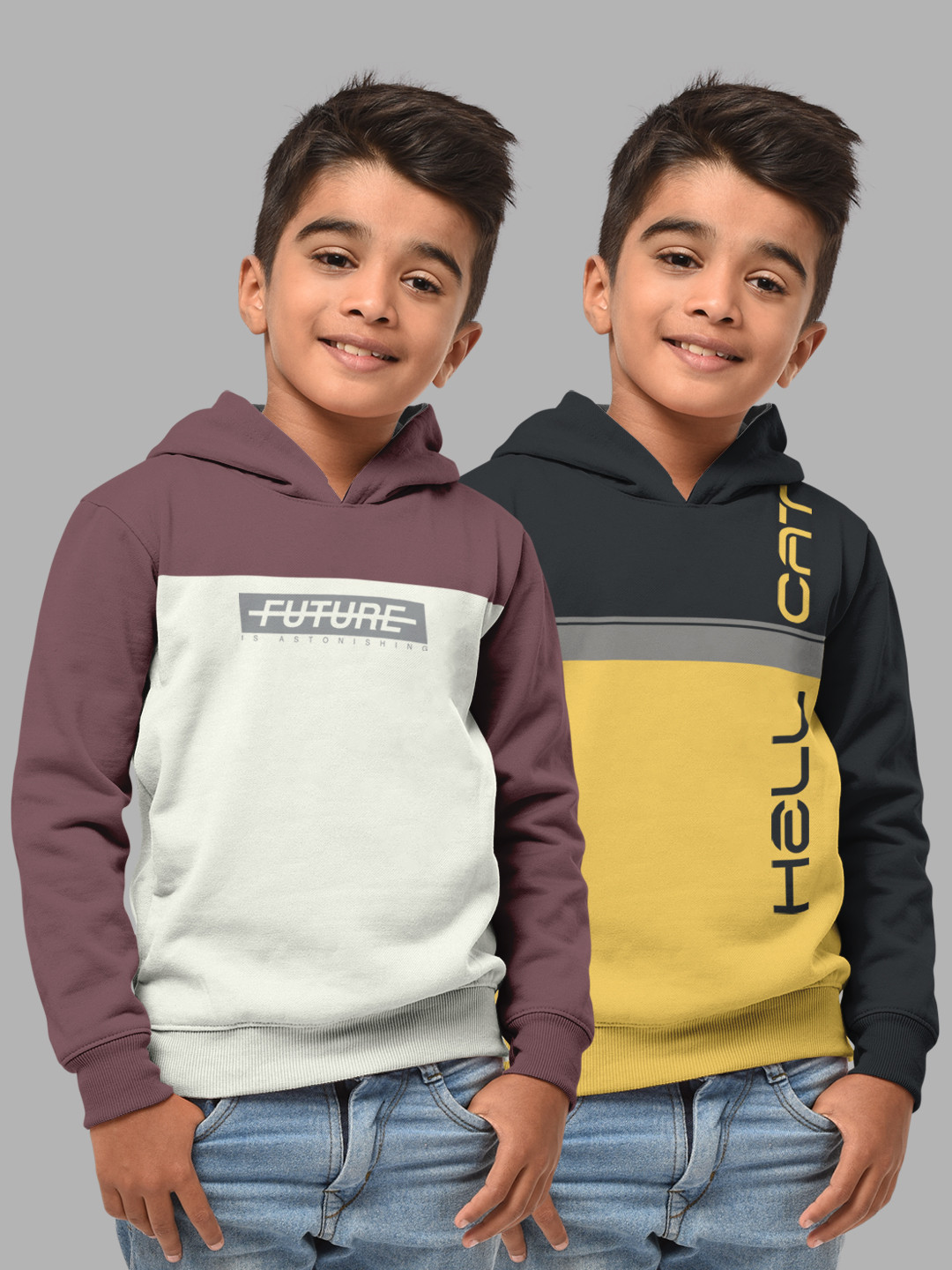 HELLCAT Boys Taupe & Navy Blue Pack Of 2 Colourblocked Hooded Sweatshirt