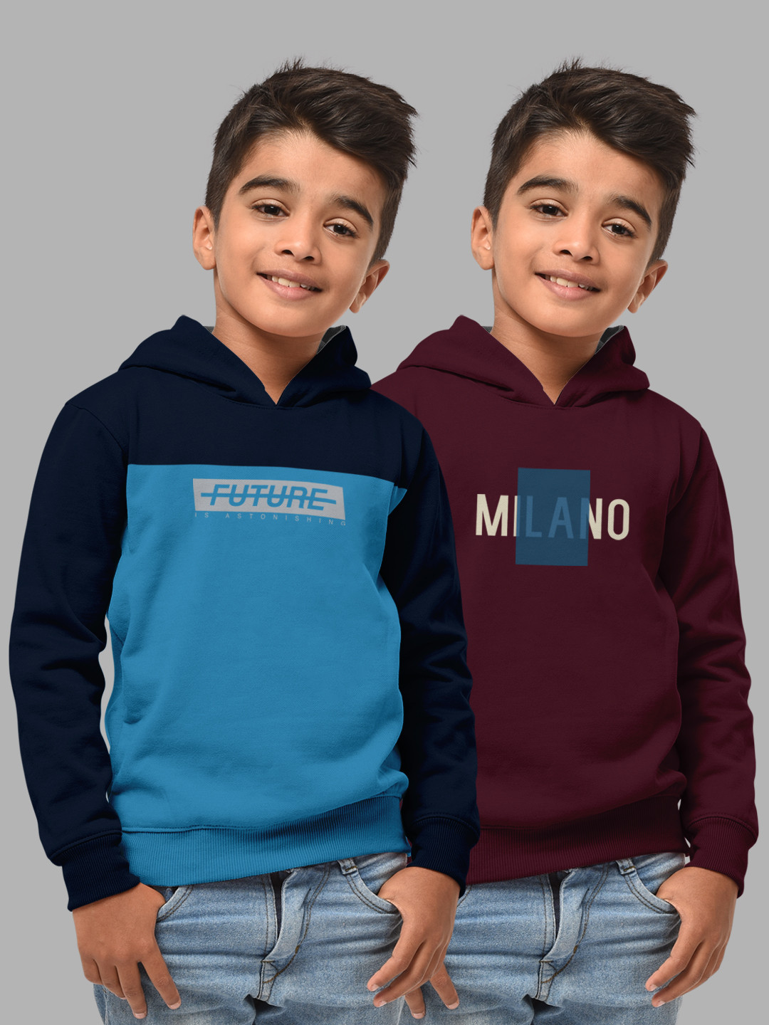 HELLCAT Boys Set Of 2 Navy Blue & Burgundy Printed Hooded Sweatshirt