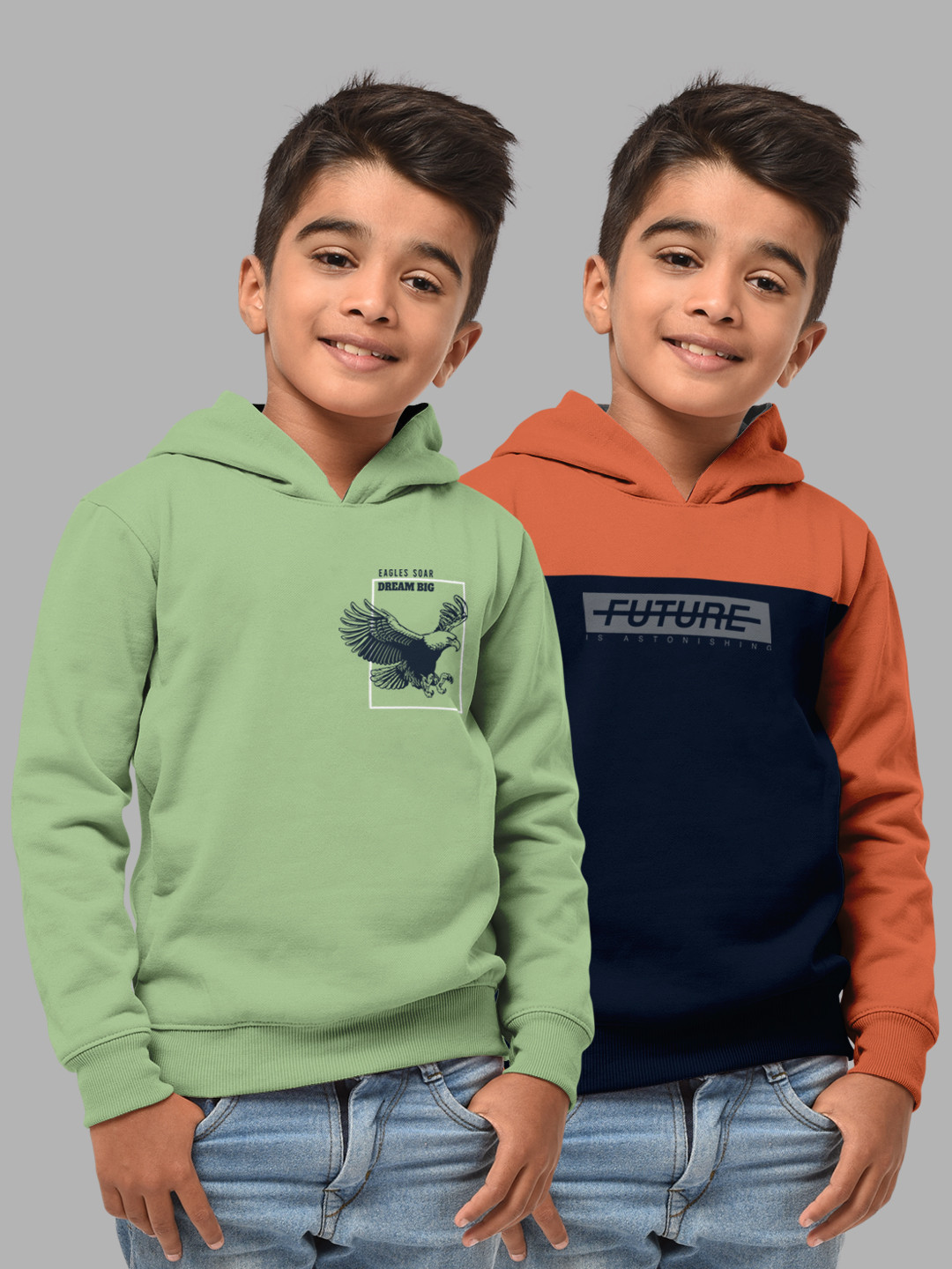 HELLCAT Boys Set Of 2 Green & Rust Brown Printed Hooded Sweatshirt