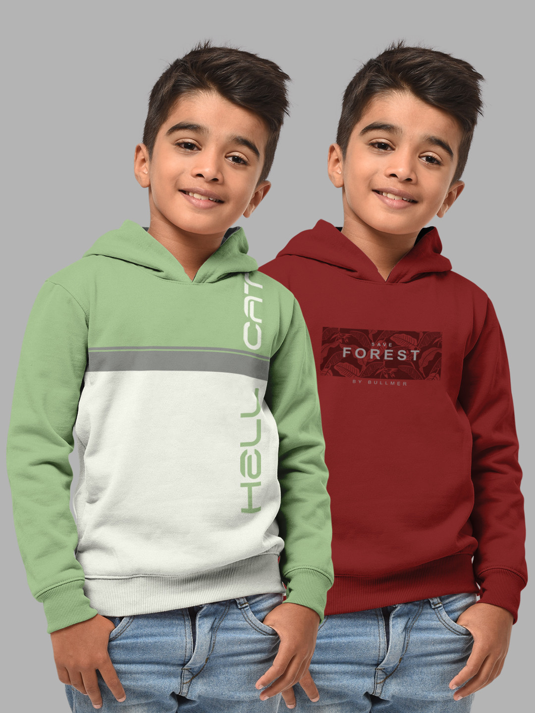 HELLCAT Boys Set Of 2 Green & Rust Brown Printed Hooded Sweatshirt