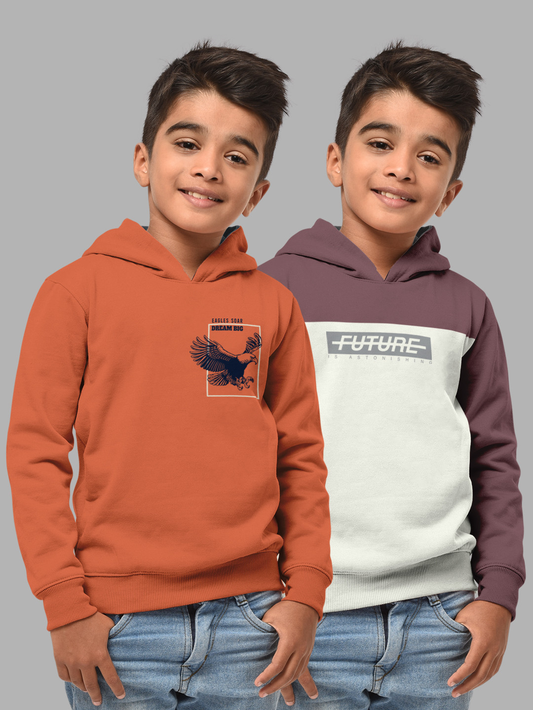 HELLCAT Boys Set Of 2 Orange & Taupe Printed Hooded Sweatshirt