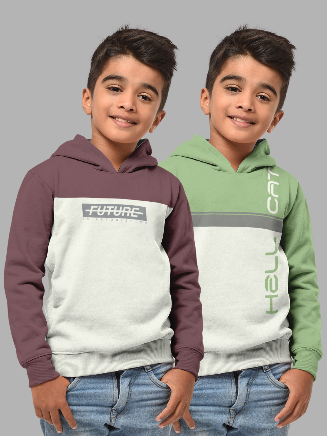 HELLCAT Boys Set Of 2 Taupe & Green Colourblocked Hooded Sweatshirt