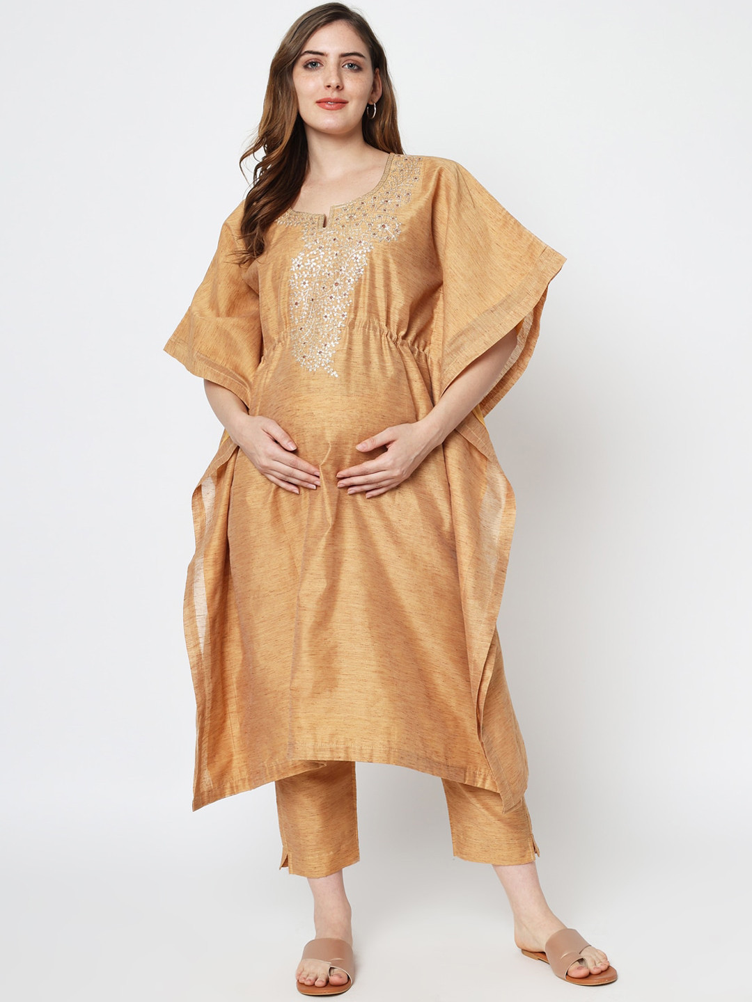 Aujjessa Women Beige Ethnic Motifs Embroidered Chanderi Silk Kurta with Trousers