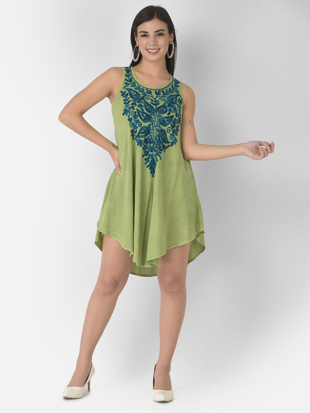 VELDRESS Women Green & Teal Ethnic Motifs Embroidered Dress