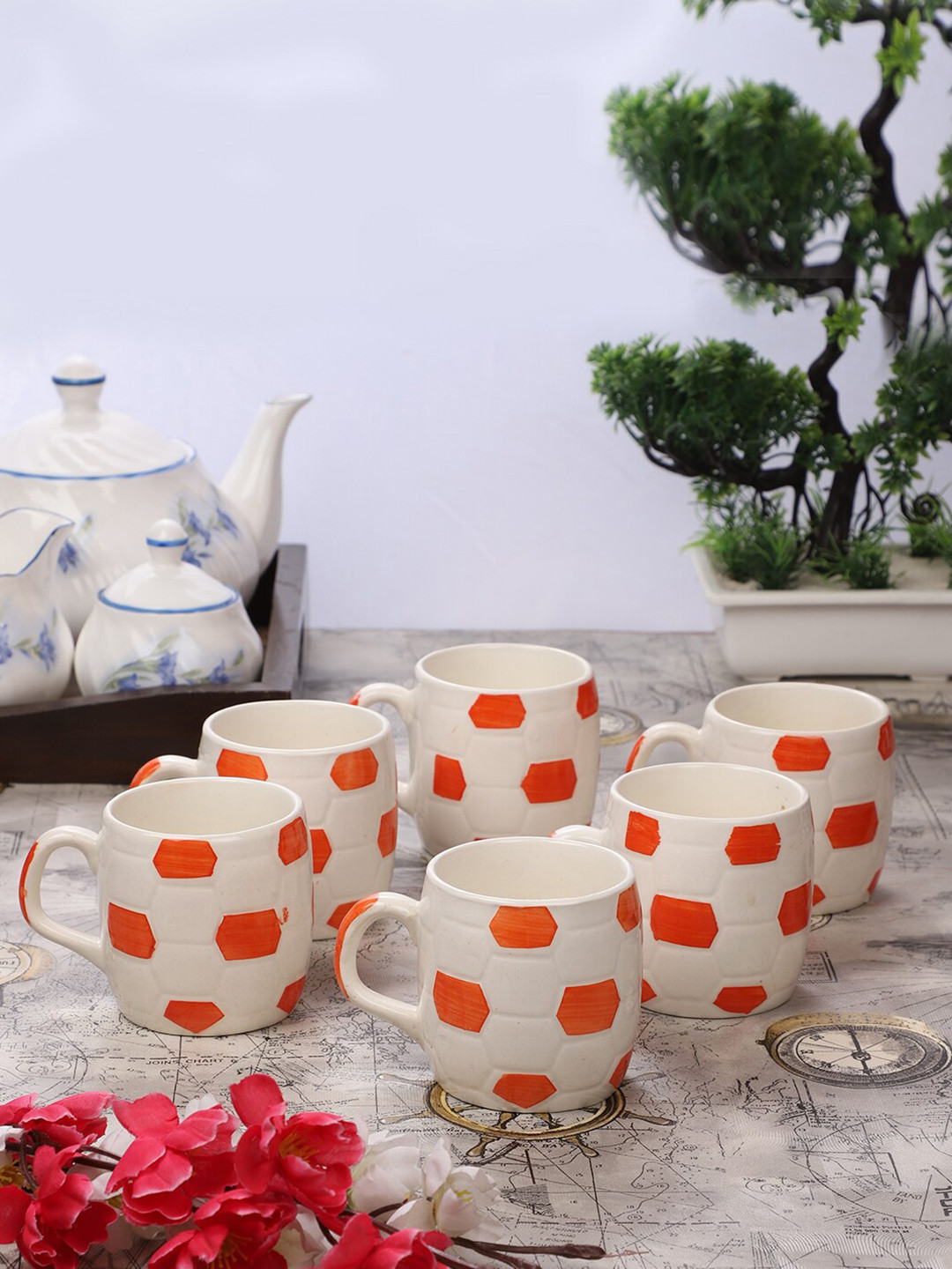 CDI Dhiraj Name Personalised White Geometric Ceramic Handmade 6 Piece Cups-150ml