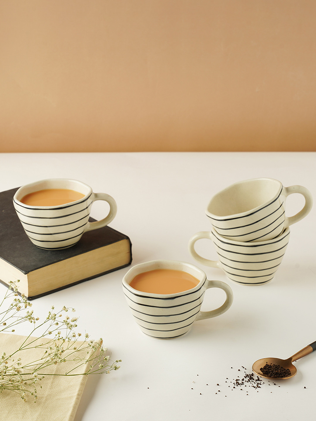 PUREZENTO Hriday Name Personalised White Striped Ceramic Microwave Safe 4 Piece Cups-210ml