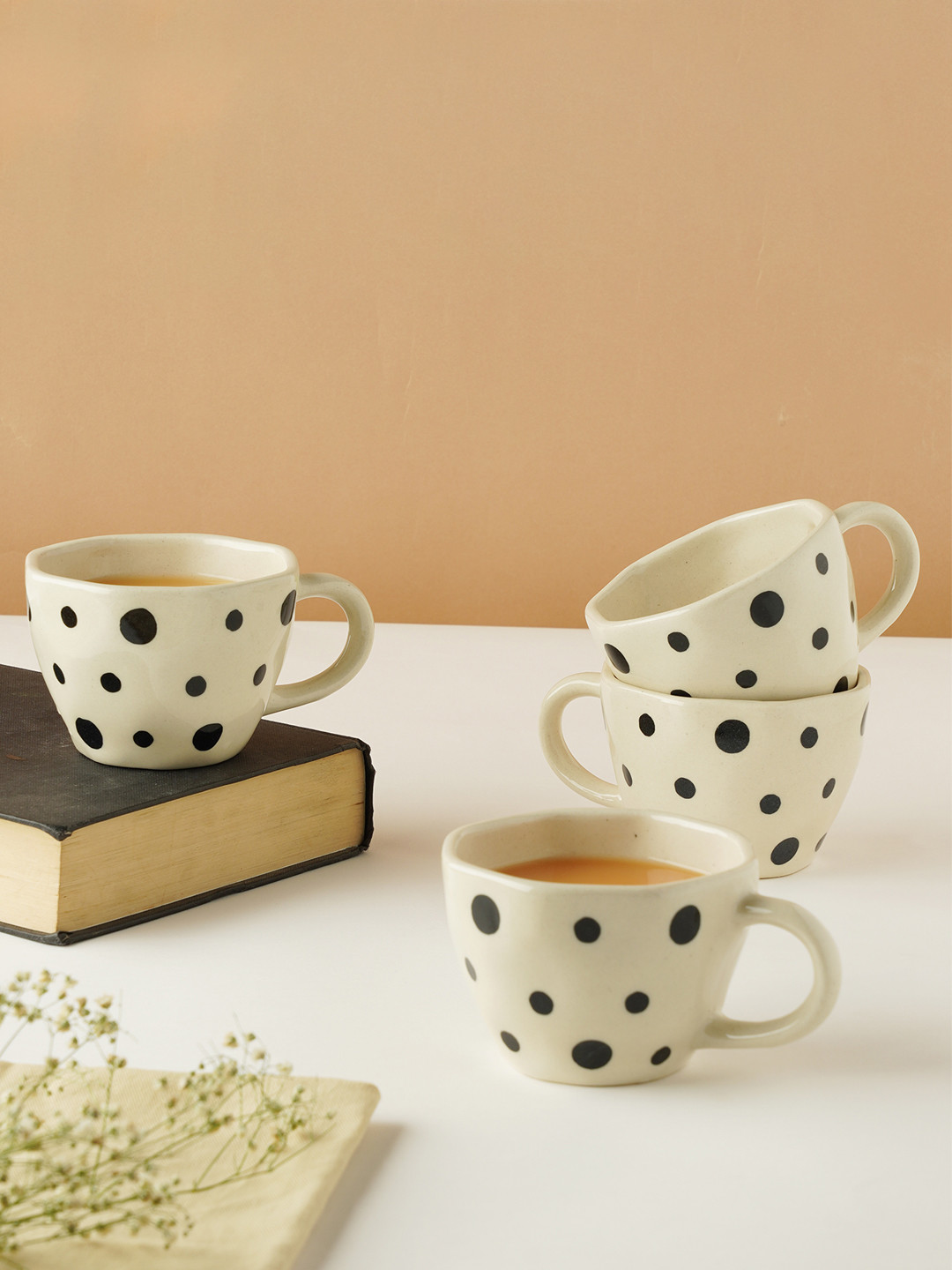 PUREZENTO Golden Night Premium Ceramic White Polka Dots Ceramic Microwave Safe 4 Piece Cups-210ml