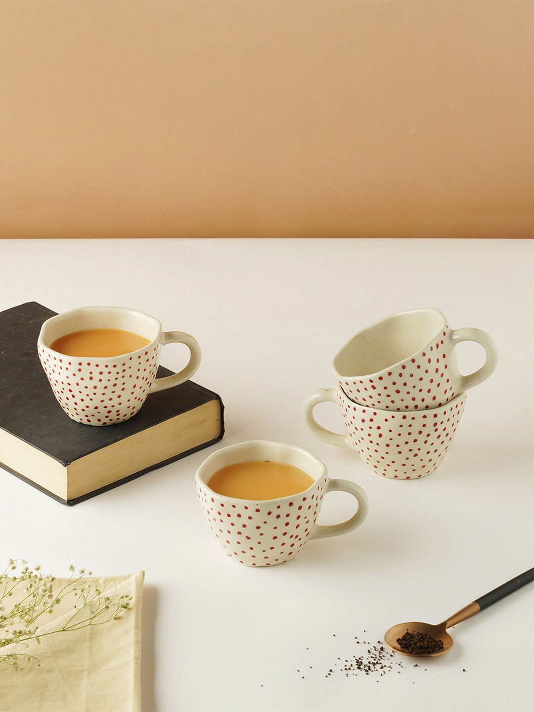 PUREZENTO Love Yourself White Polka Dots Ceramic Microwave Safe 4 Piece Cups-210ml