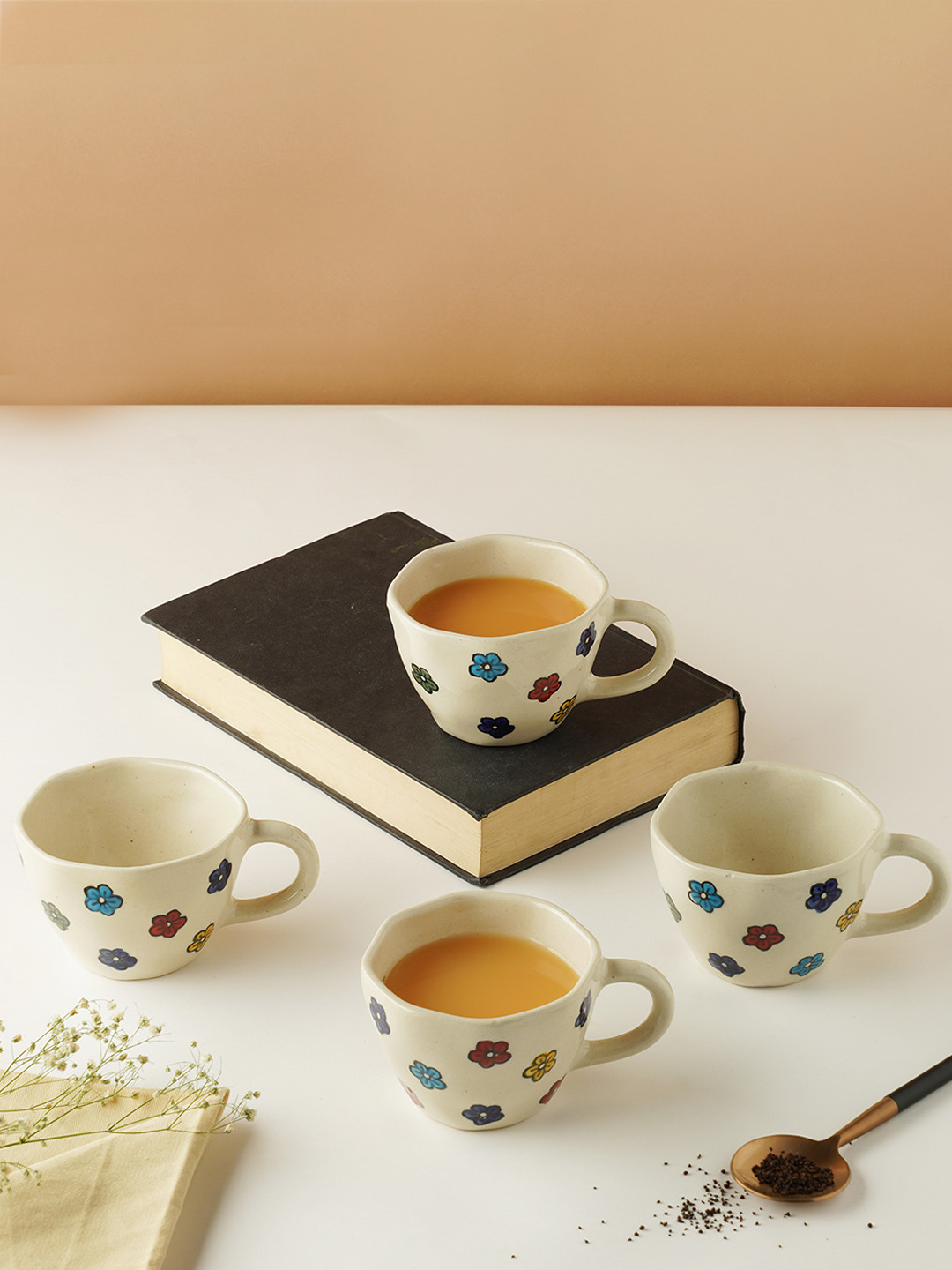 PUREZENTO Sorry Theme White Floral Ceramic Handmade 4 Piece Cups-210ml